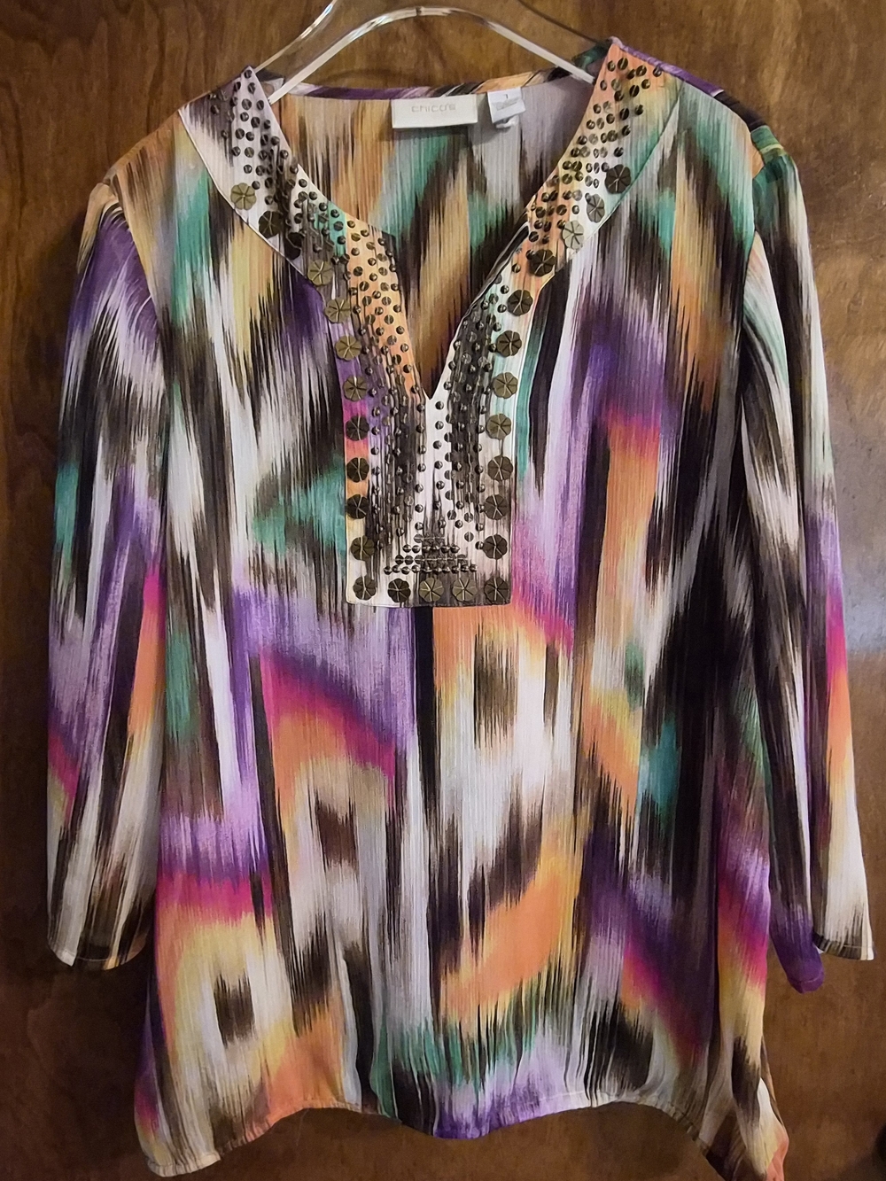 Chico's V Neck 3/4 Sleeve Multicolor Studded Accent Top - Chicos Size 1(US 8/M)